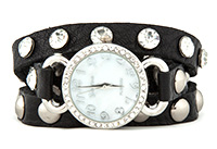 Crystal Stud Leather Wrap Watch Bracelet